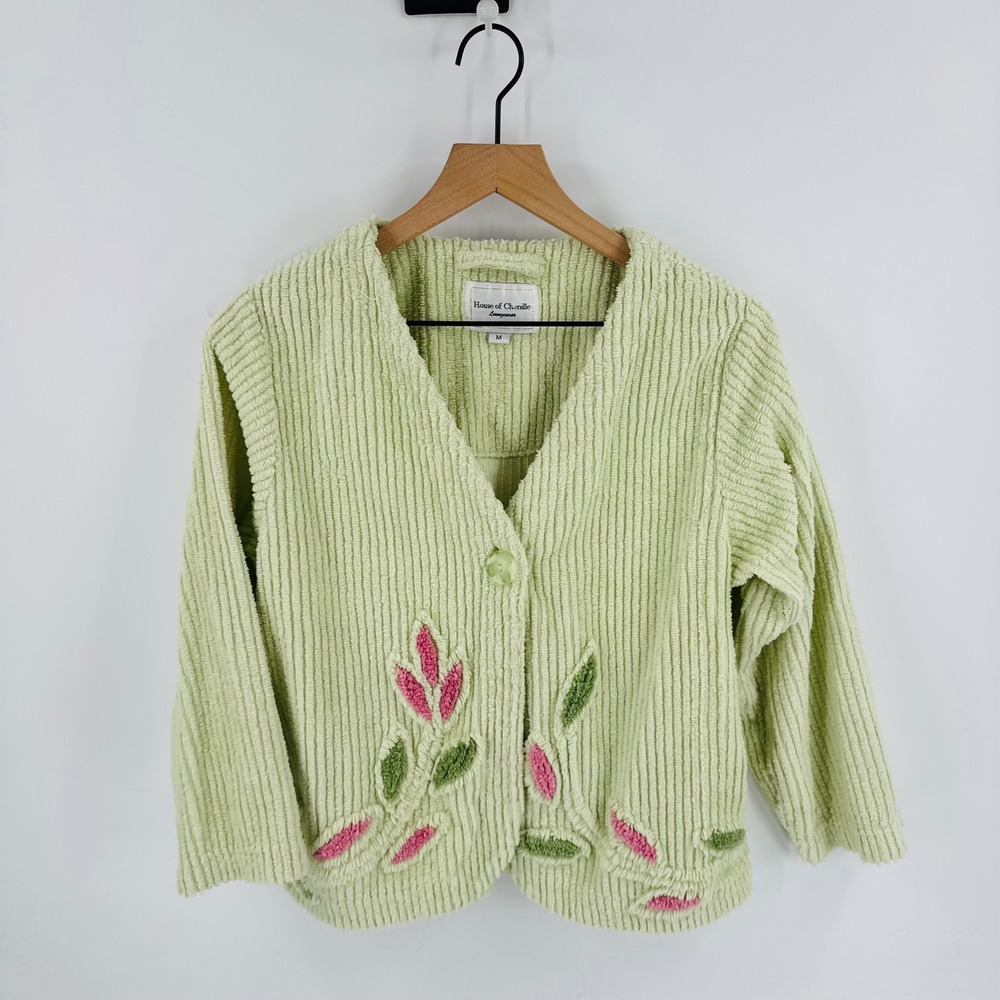 House of Chenille Green Ribbed Floral Tufted Cardigan Sweater Size M Cottage‎